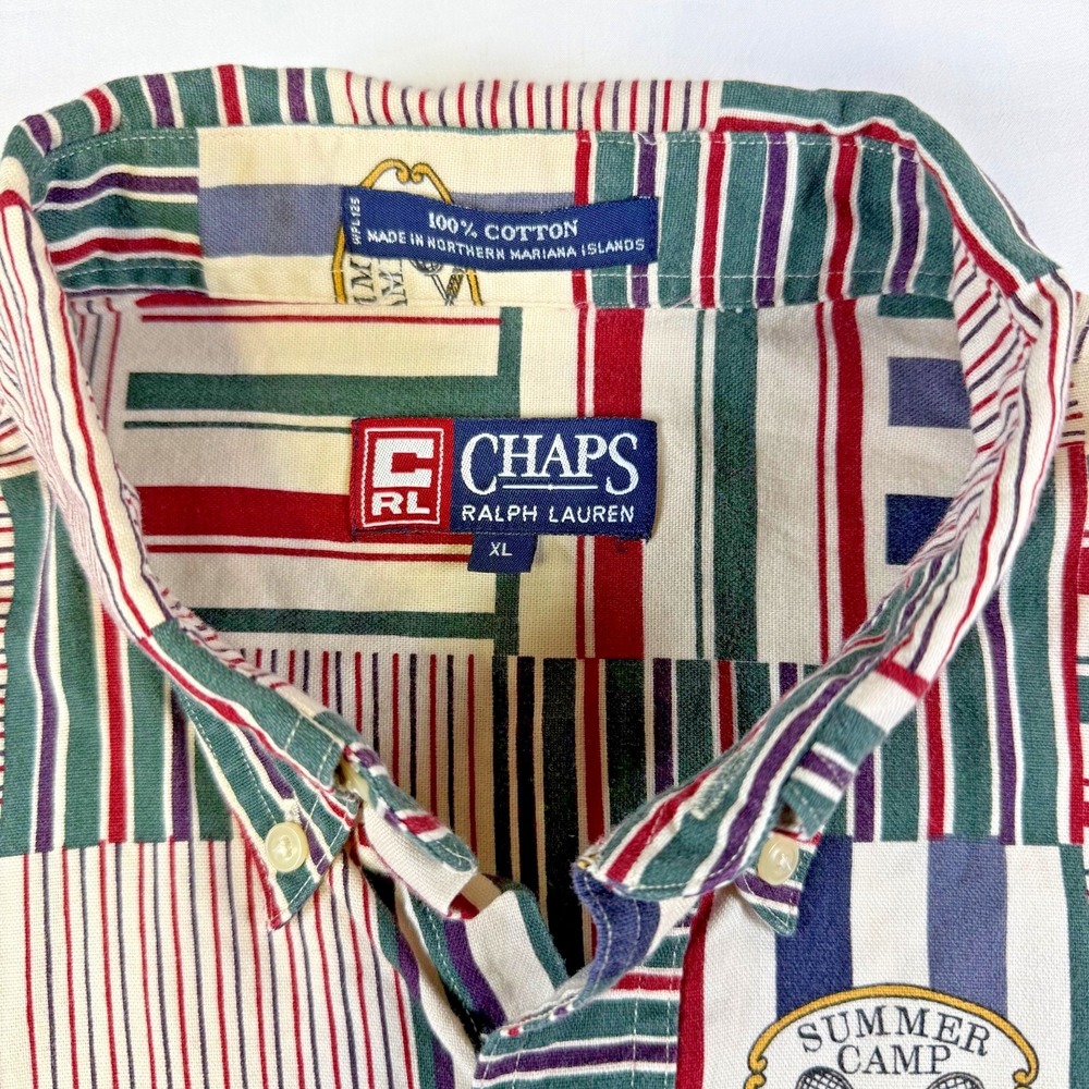 Vintage 1990s Chaps Ralph Lauren Patchwork Camp Shirt Men's Size XL Made in USA - Picture 4 of 6